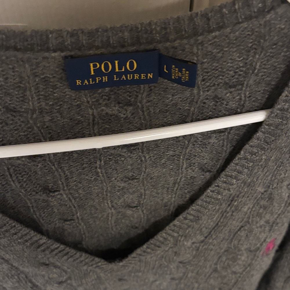 Polo by Ralph Lauren Charcoal Cable-Knit V-Neck Sweater with Pink Pony - Picture 2 of 3